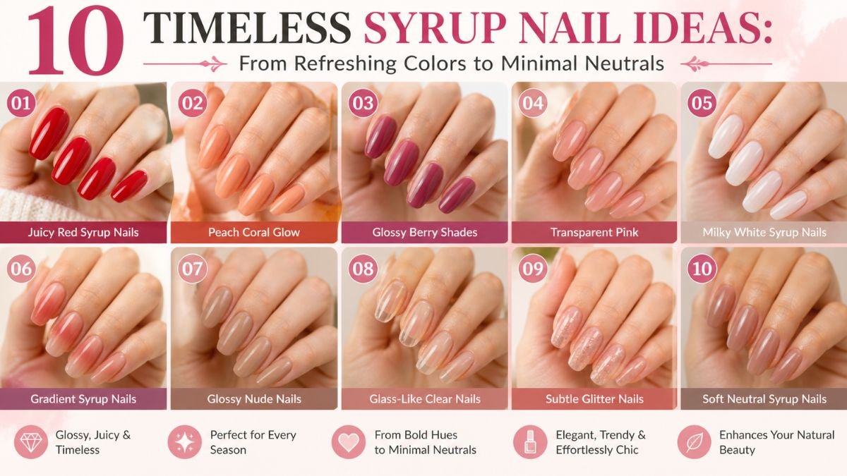syrup nails, syrup nail ideas, glossy nail designs, juicy nail colors, transparent nails, sheer nail art, korean syrup nails, glass nails trend, minimal nail designs, neutral nail ideas, glossy manicure, nail trends 2026, aesthetic nails, modern nail art, clean girl nails,